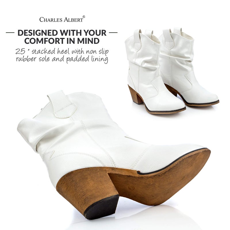 Charles Albert Modern Western Cowboy Boots for Women Ladies Stacked Heel Ankle Cowgirl Boots with Pull-Up Tabs in White Size 6 - Image 2